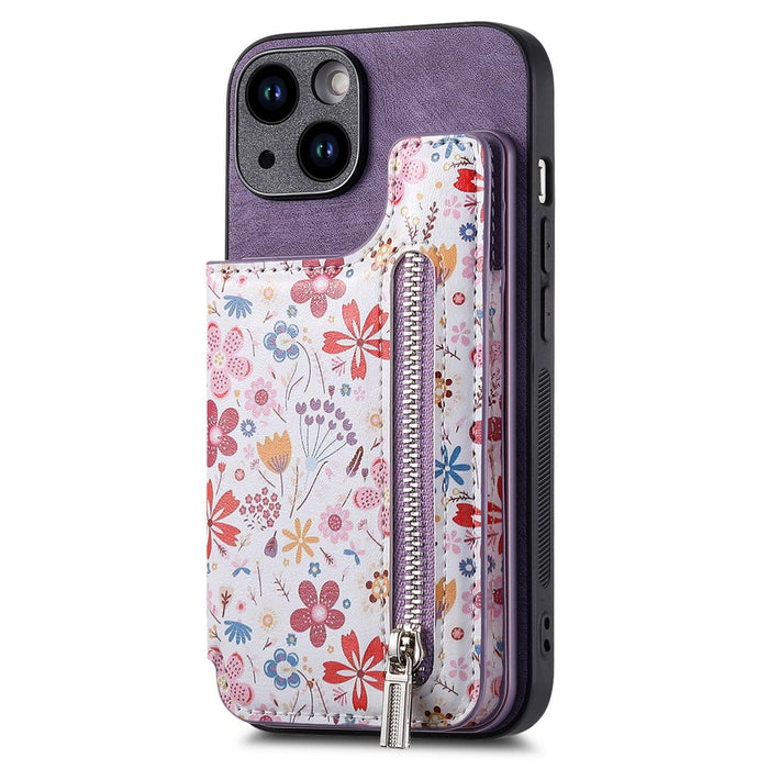 For Iphone 15 Retro Painted Zipper Wallet Back Phone Case