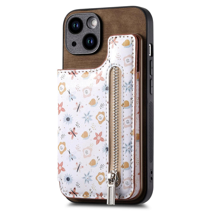 For Iphone 15 Retro Painted Zipper Wallet Back Phone Case