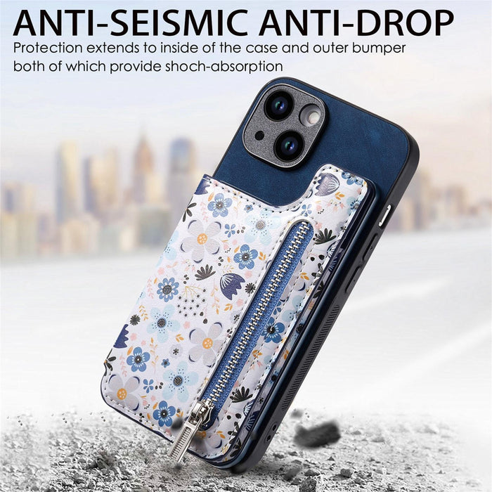 For Iphone 15 Retro Painted Zipper Wallet Back Phone Case