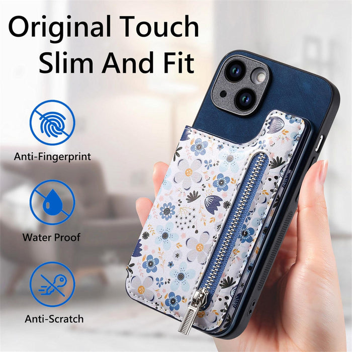 For Iphone 15 Retro Painted Zipper Wallet Back Phone Case