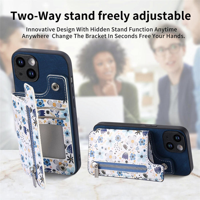 For Iphone 15 Retro Painted Zipper Wallet Back Phone Case