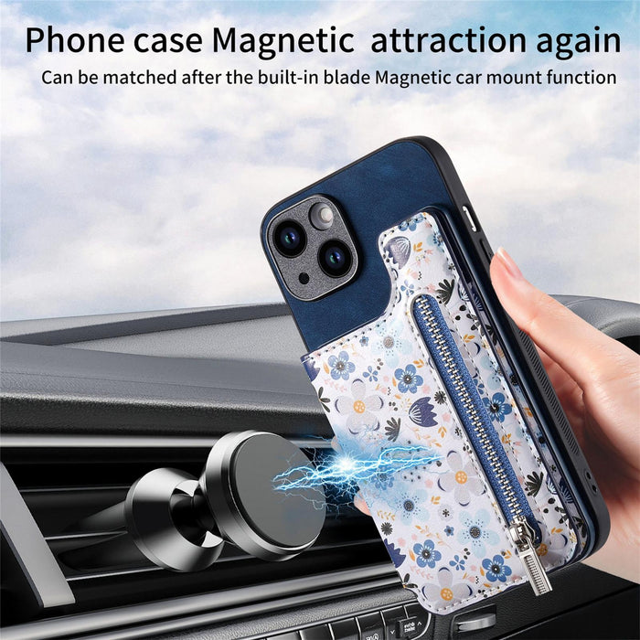 For Iphone 15 Retro Painted Zipper Wallet Back Phone Case