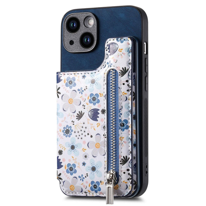 For Iphone 15 Retro Painted Zipper Wallet Back Phone Case