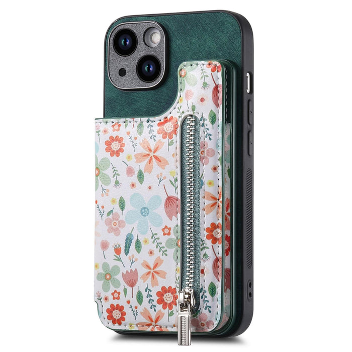 For Iphone 15 Retro Painted Zipper Wallet Back Phone Case