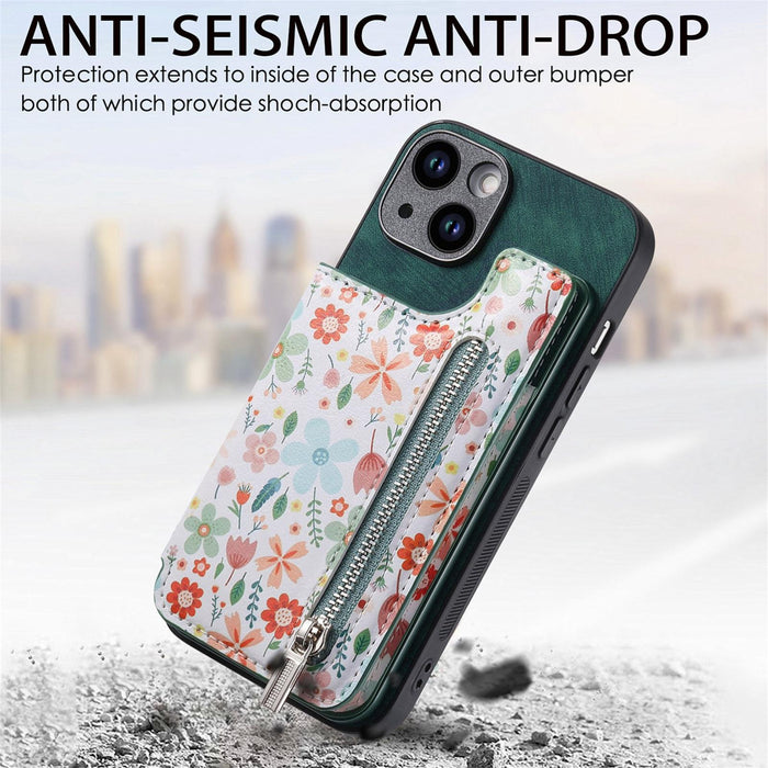 For Iphone 15 Retro Painted Zipper Wallet Back Phone Case