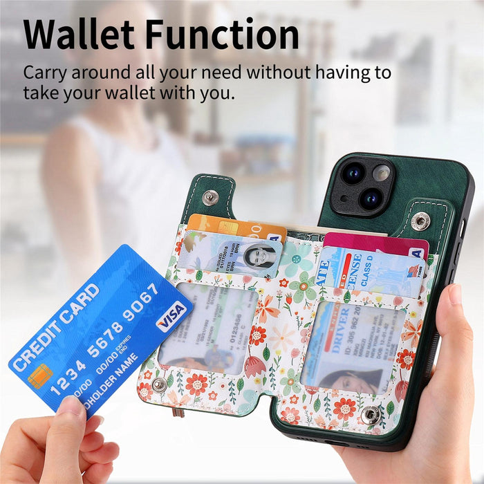 For Iphone 15 Retro Painted Zipper Wallet Back Phone Case