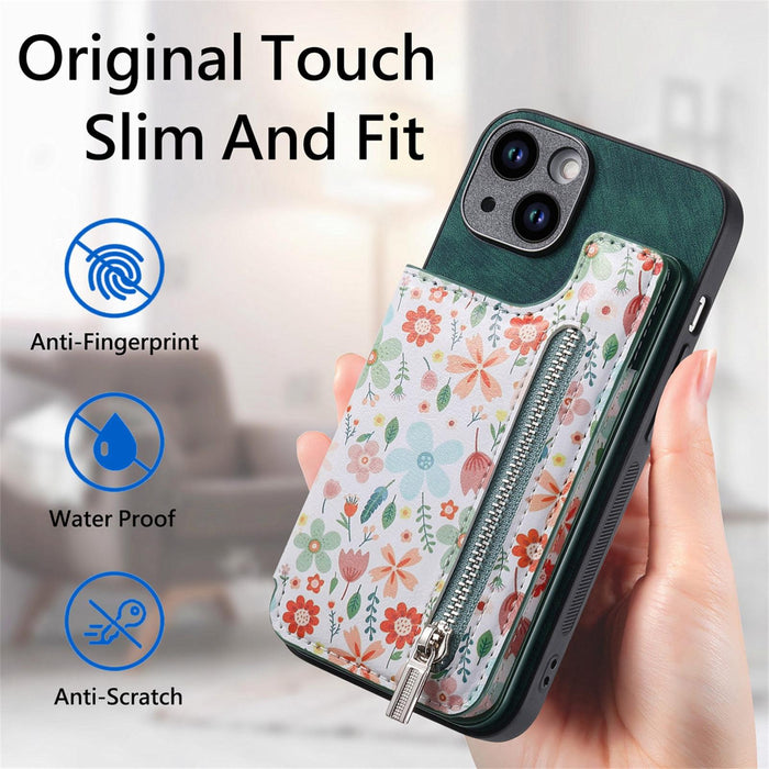 For Iphone 15 Retro Painted Zipper Wallet Back Phone Case