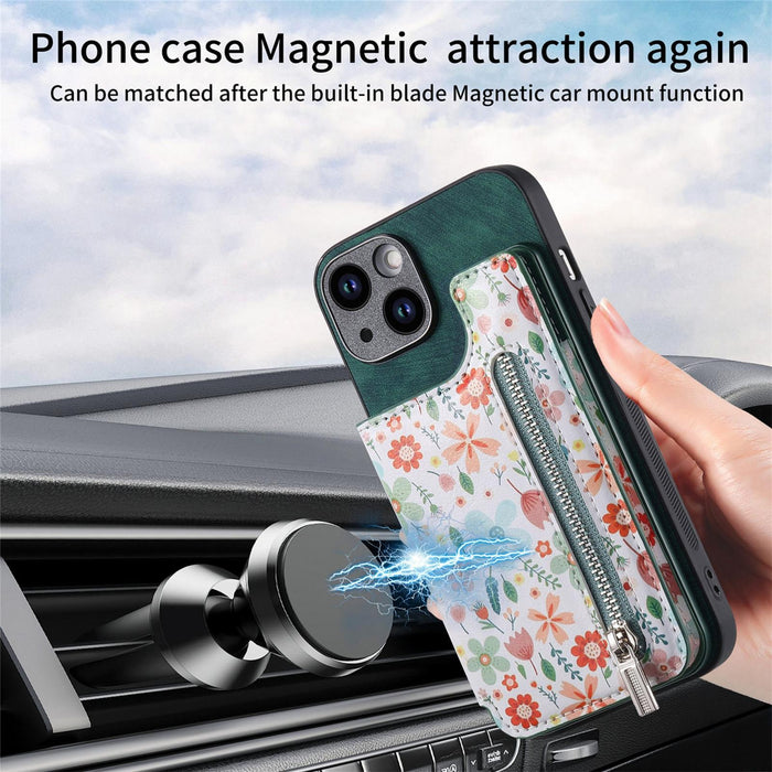 For Iphone 15 Retro Painted Zipper Wallet Back Phone Case