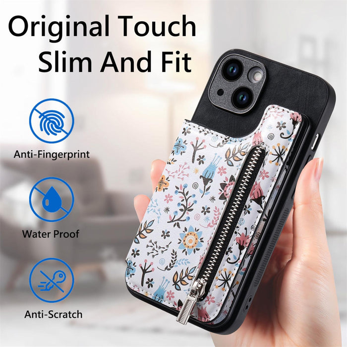 For Iphone 15 Retro Painted Zipper Wallet Back Phone Case