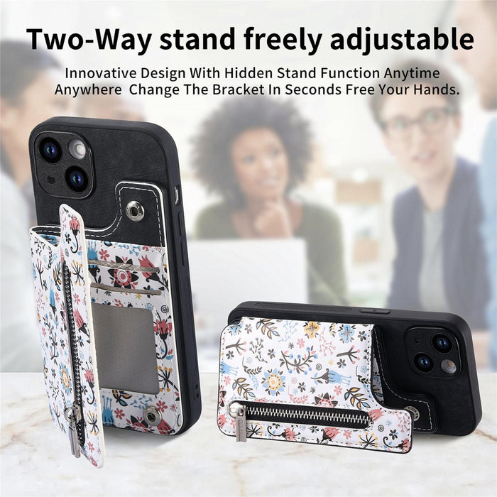 For Iphone 15 Retro Painted Zipper Wallet Back Phone Case