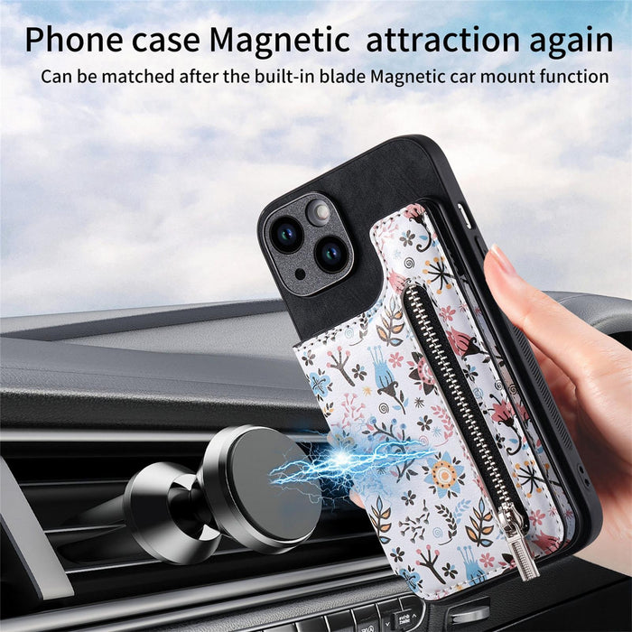For Iphone 15 Retro Painted Zipper Wallet Back Phone Case