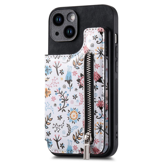 For Iphone 15 Retro Painted Zipper Wallet Back Phone Case