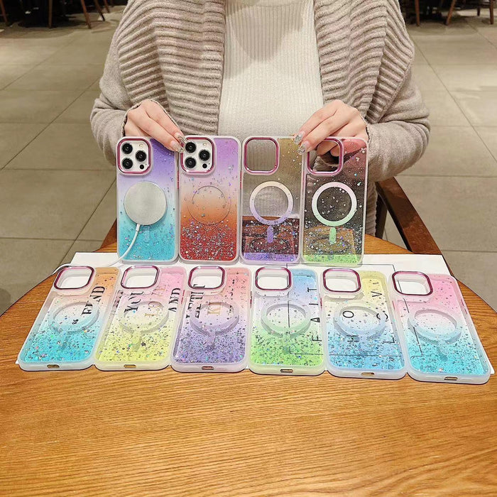 For Iphone 15 Multicolor Gradient Glitter Sequin Magsafe Tpu Phone Case