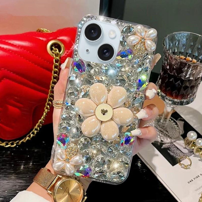 For Iphone 15 Sunflower Holder Hand-Set Diamond Pc Phone Case