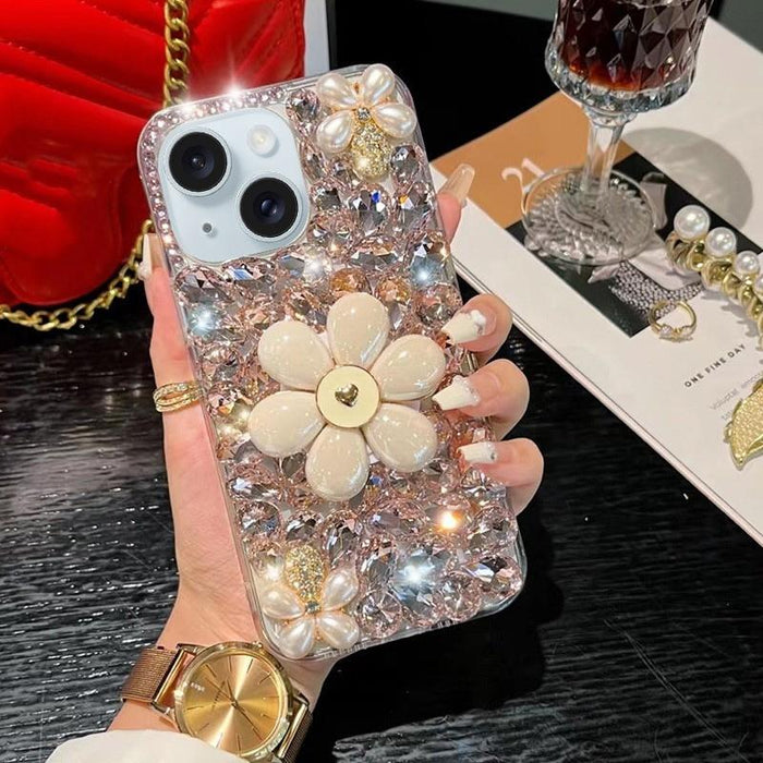 For Iphone 15 Sunflower Holder Hand-Set Diamond Pc Phone Case