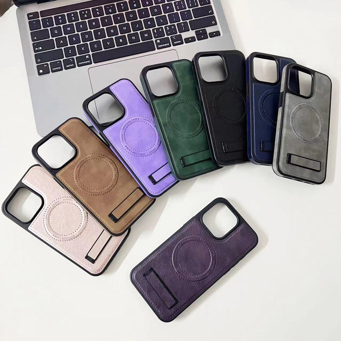For Iphone 15 Multi-Function Holder Magsafe Pu Phone Case