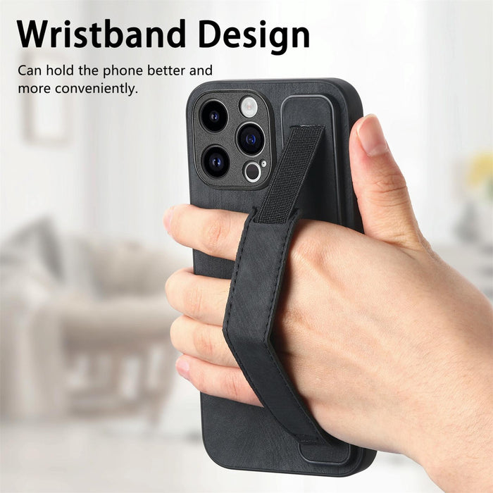 For Iphone 15 Retro Wristband Holder Leather Back Phone Case