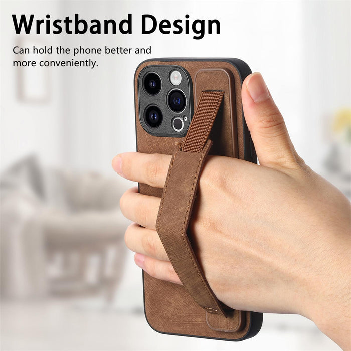 For Iphone 15 Retro Wristband Holder Leather Back Phone Case