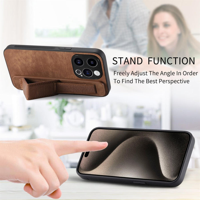 For Iphone 15 Retro Wristband Holder Leather Back Phone Case
