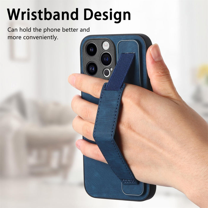 For Iphone 15 Retro Wristband Holder Leather Back Phone Case