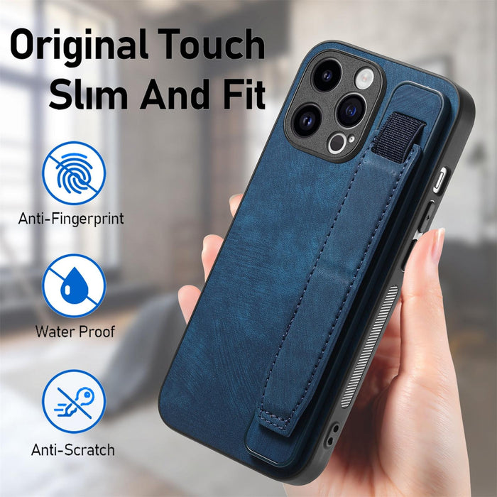 For Iphone 15 Retro Wristband Holder Leather Back Phone Case