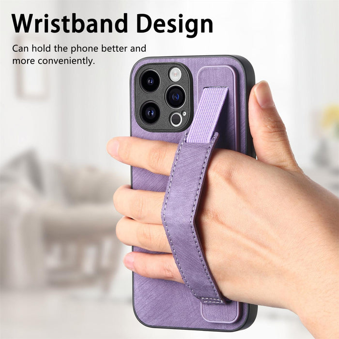 For Iphone 15 Retro Wristband Holder Leather Back Phone Case