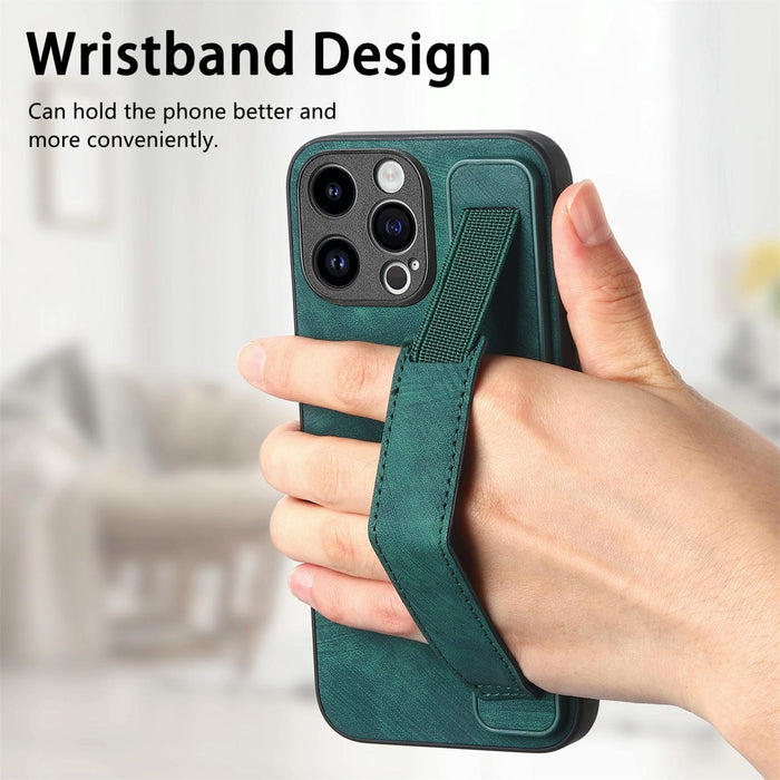 For Iphone 15 Retro Wristband Holder Leather Back Phone Case