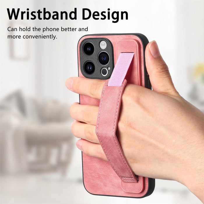 For Iphone 15 Retro Wristband Holder Leather Back Phone Case
