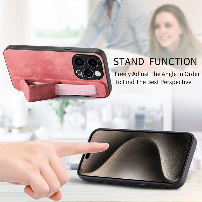 For Iphone 15 Retro Wristband Holder Leather Back Phone Case