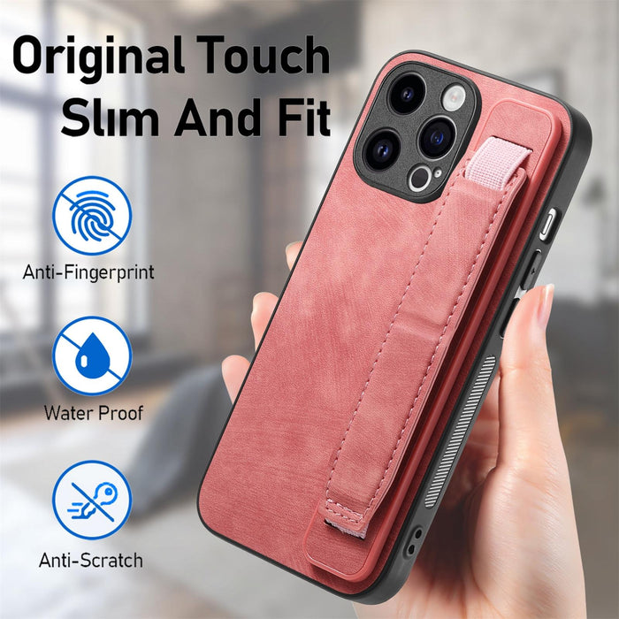 For Iphone 15 Retro Wristband Holder Leather Back Phone Case