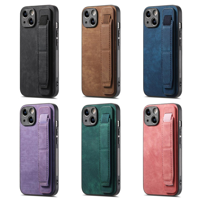 For Iphone 15 Retro Wristband Holder Leather Back Phone Case