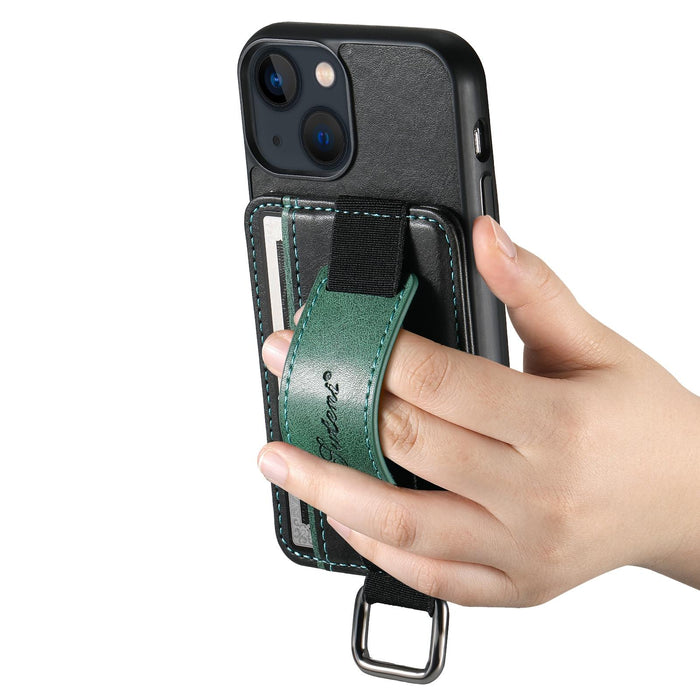 For Iphone 15 Card Wallet Wrist Strap Holder Pu Phone Case