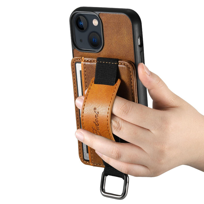 For Iphone 15 Card Wallet Wrist Strap Holder Pu Phone Case