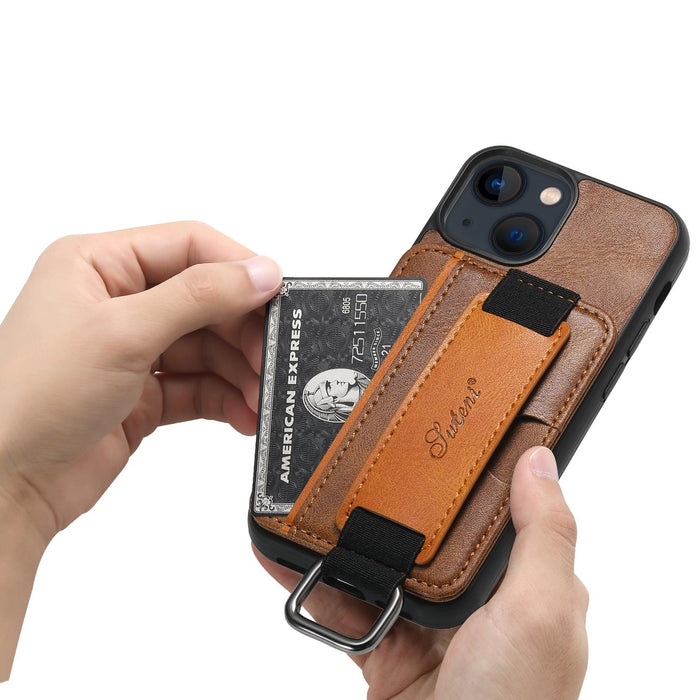 For Iphone 15 Card Wallet Wrist Strap Holder Pu Phone Case