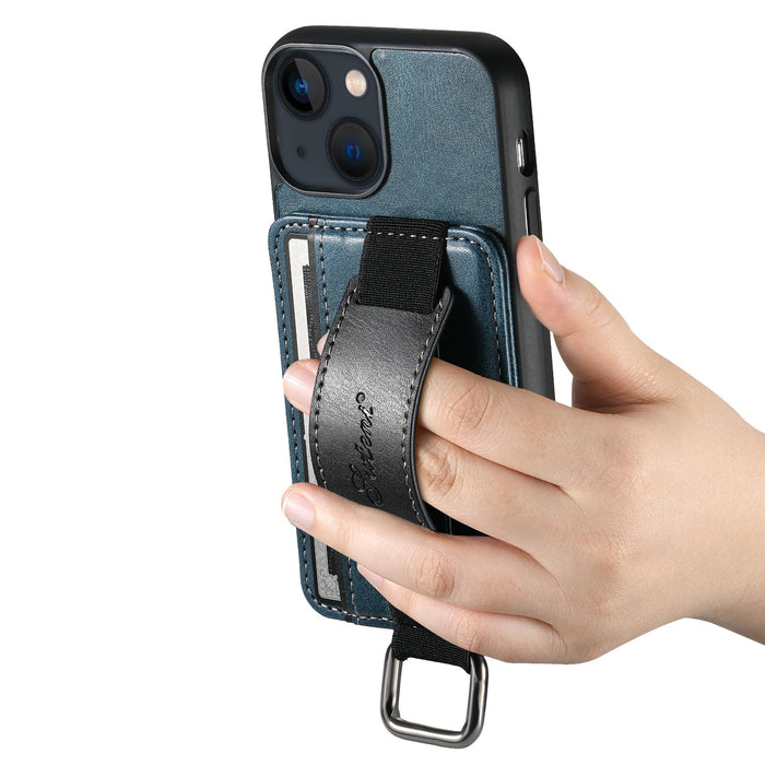 For Iphone 15 Card Wallet Wrist Strap Holder Pu Phone Case