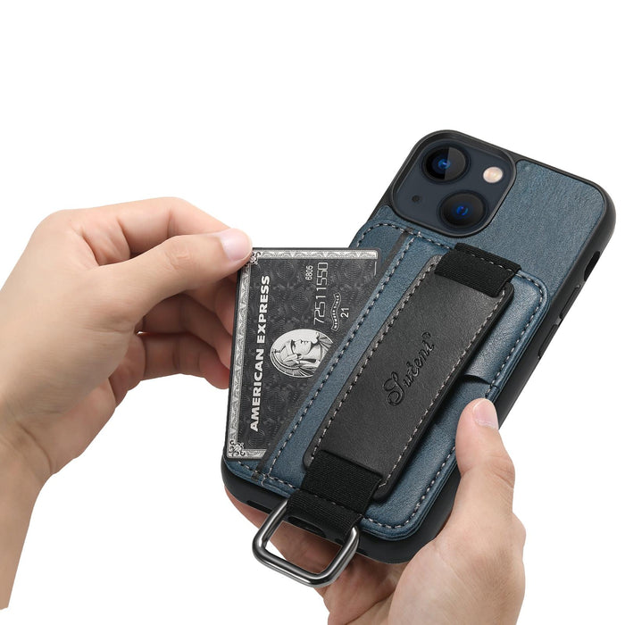 For Iphone 15 Card Wallet Wrist Strap Holder Pu Phone Case