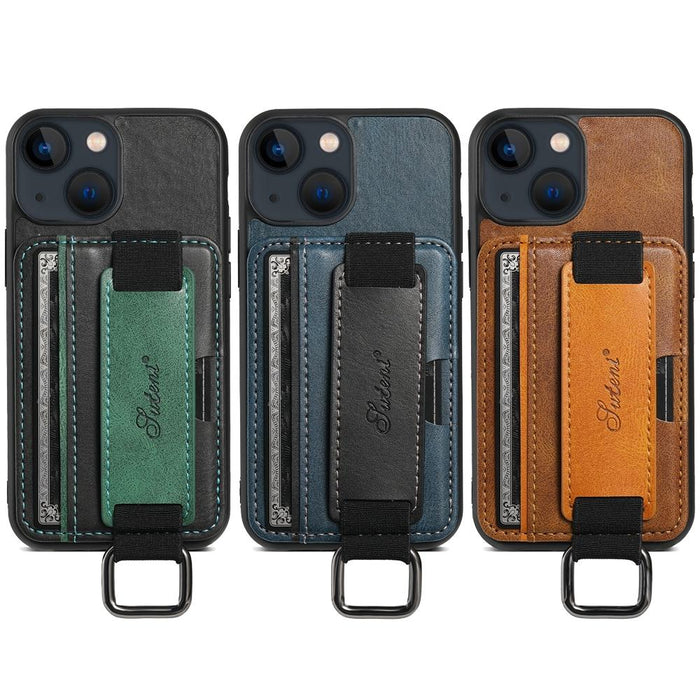 For Iphone 15 Card Wallet Wrist Strap Holder Pu Phone Case