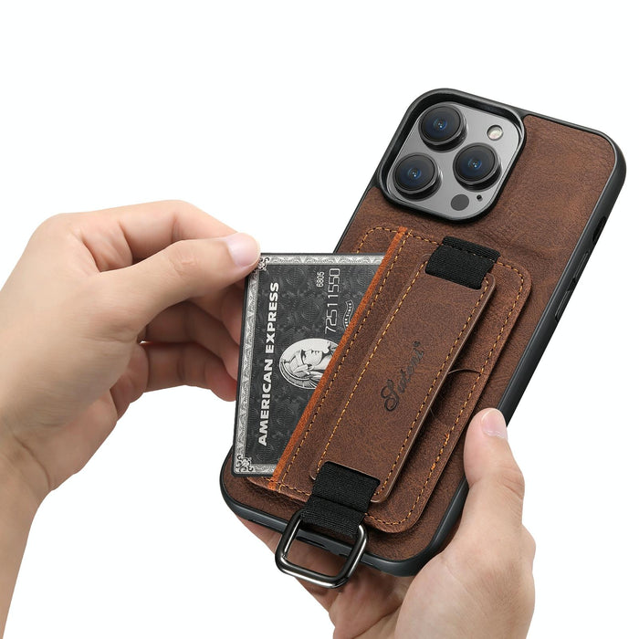 For Iphone 15 Litchi Leather Wrist Strap Wallet Back Phone Case
