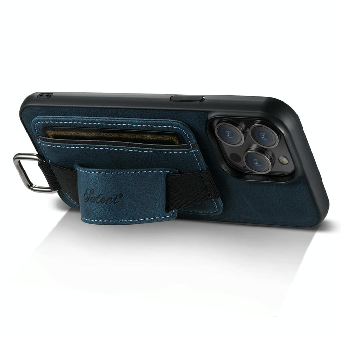 For Iphone 15 Litchi Leather Wrist Strap Wallet Back Phone Case