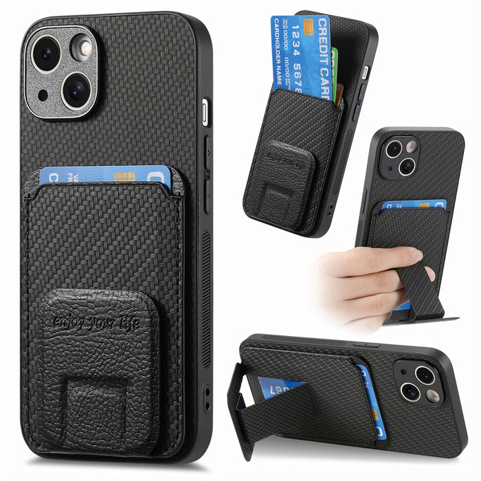 For Iphone 15 Carbon Fiber Card Bag Fold Stand Phone Case