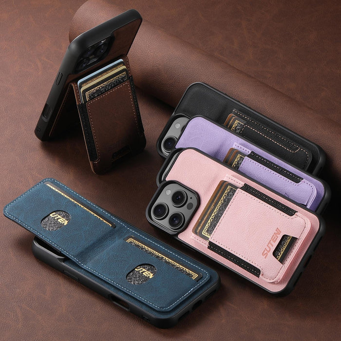 For Iphone 15 Litchi Leather Card Bag Stand Back Phone Case