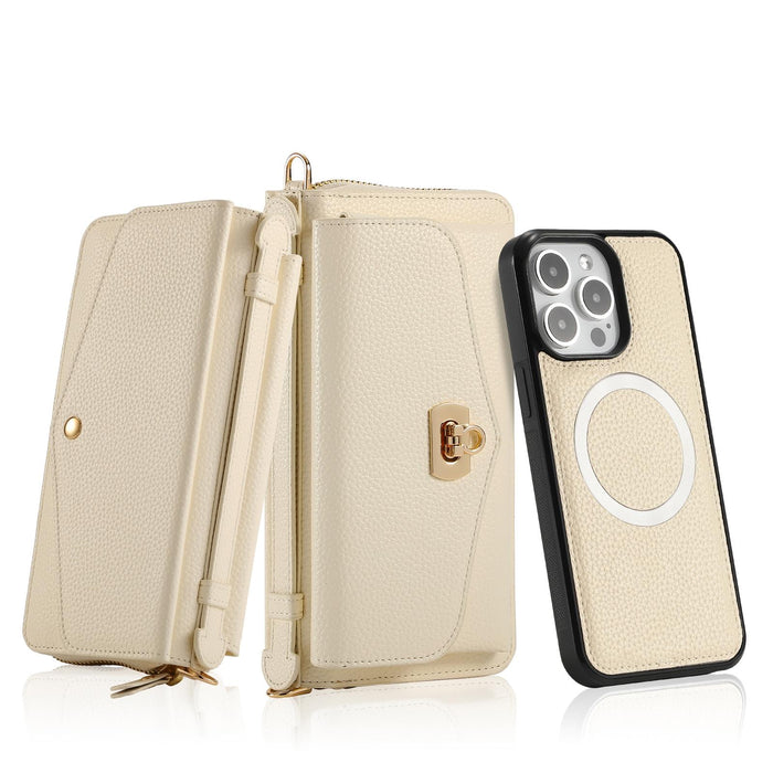 For Iphone 15 Magsafe Crossbody Multi-Functional Zipper Wallet Litchi Leather Phone Case