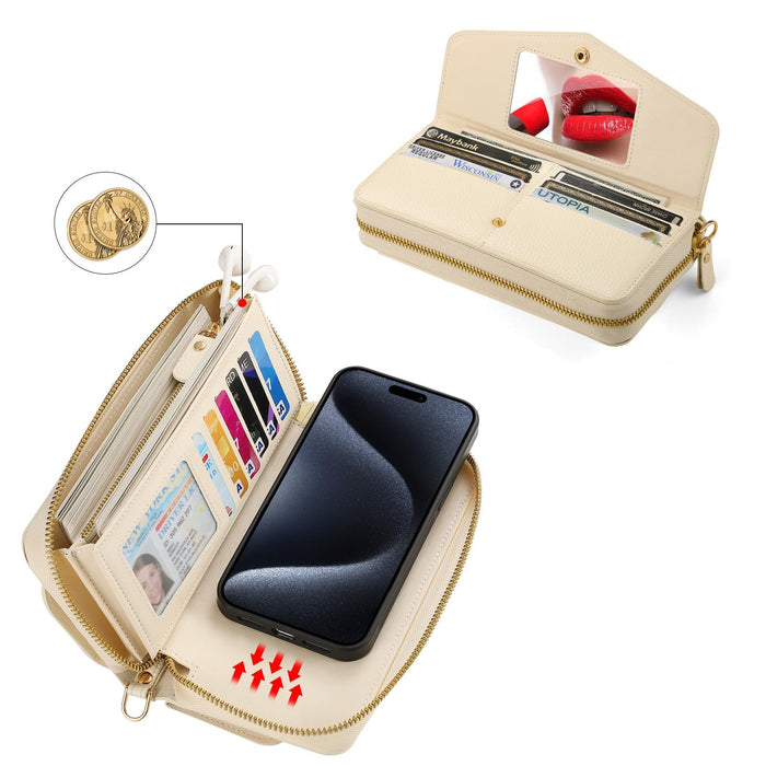 For Iphone 15 Magsafe Crossbody Multi-Functional Zipper Wallet Litchi Leather Phone Case