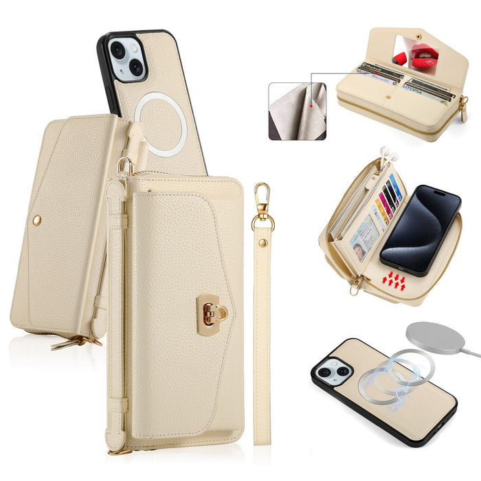 For Iphone 15 Magsafe Crossbody Multi-Functional Zipper Wallet Litchi Leather Phone Case