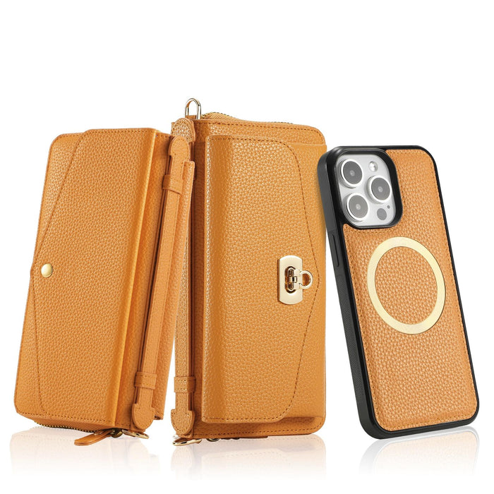 For Iphone 15 Magsafe Crossbody Multi-Functional Zipper Wallet Litchi Leather Phone Case