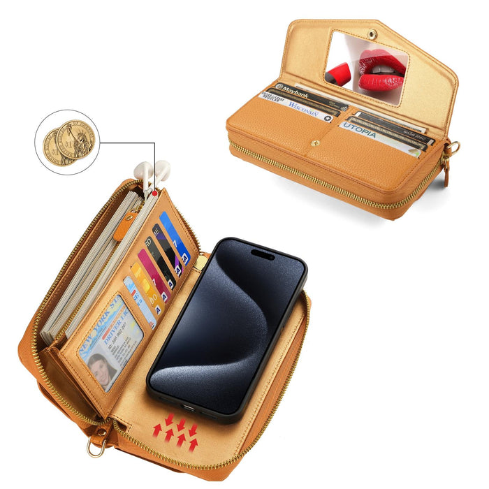 For Iphone 15 Magsafe Crossbody Multi-Functional Zipper Wallet Litchi Leather Phone Case