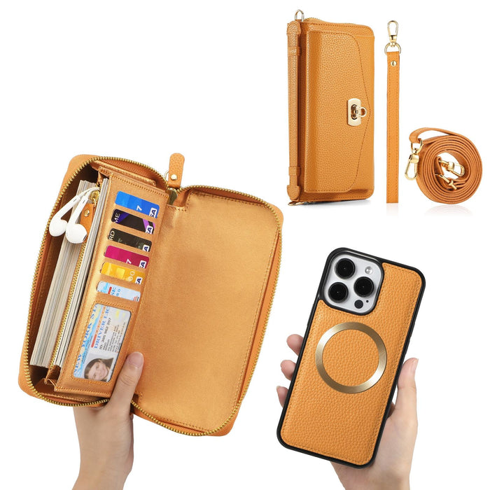For Iphone 15 Magsafe Crossbody Multi-Functional Zipper Wallet Litchi Leather Phone Case