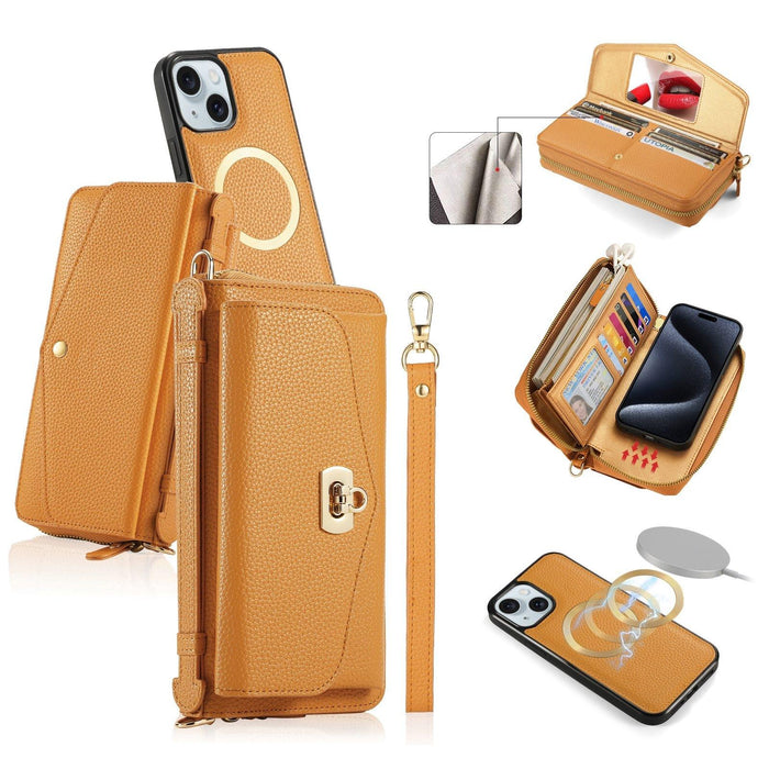For Iphone 15 Magsafe Crossbody Multi-Functional Zipper Wallet Litchi Leather Phone Case