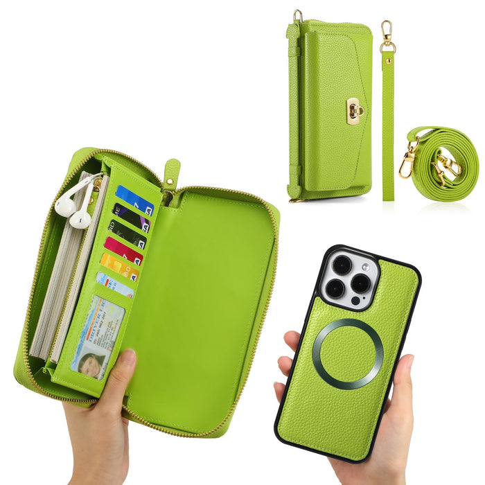 For Iphone 15 Magsafe Crossbody Multi-Functional Zipper Wallet Litchi Leather Phone Case