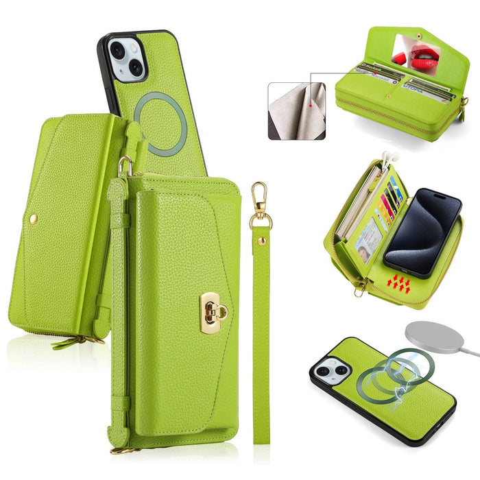 For Iphone 15 Magsafe Crossbody Multi-Functional Zipper Wallet Litchi Leather Phone Case